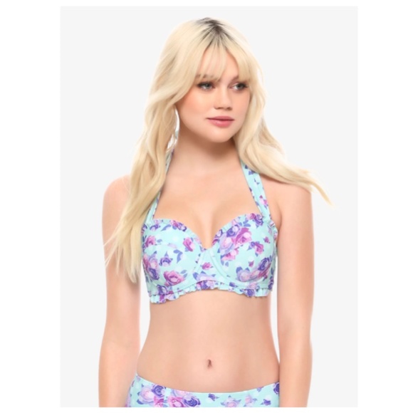HOT TOPIC Blue Floral & Polka Dot Ruffle Halter Swim Top Size Jrs Small - Picture 1 of 9